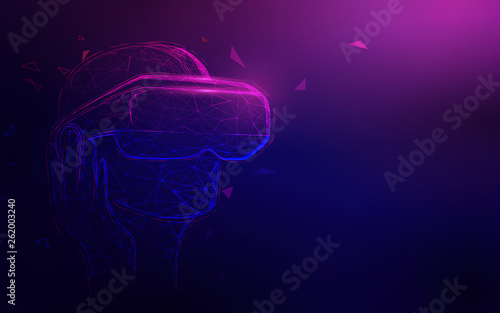 Man wearing virtual reality headset with neon glow from lines, triangles and particle style design. Illustration vector