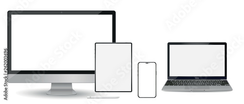 Set of modern devices mockups with blank frameless screens: monitor, laptop, tablet computer phone. Vector illustration
