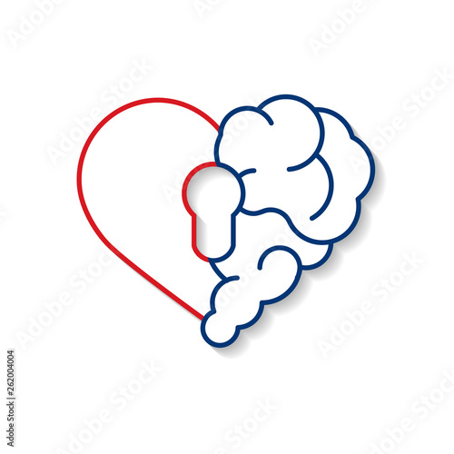 Emotional brain lock security. Broken Heart and Brain with key hall vector flat modern icon logo vector design. Interaction between soul key for intelligence, emotions, loneliness, divorce