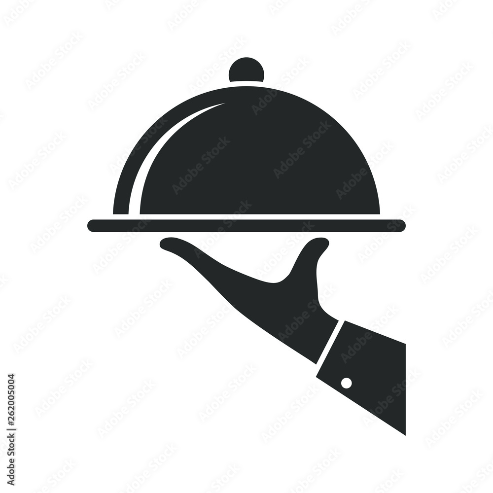 Serving food icon. Sign hand of waiter with serving tray. Waiter serving. Isolated symbol on white background. Vector illustration Serving food icon. Sign hand of waiter with serving tray. Waiter serving. Isolated symbol on white background. Vector illustration