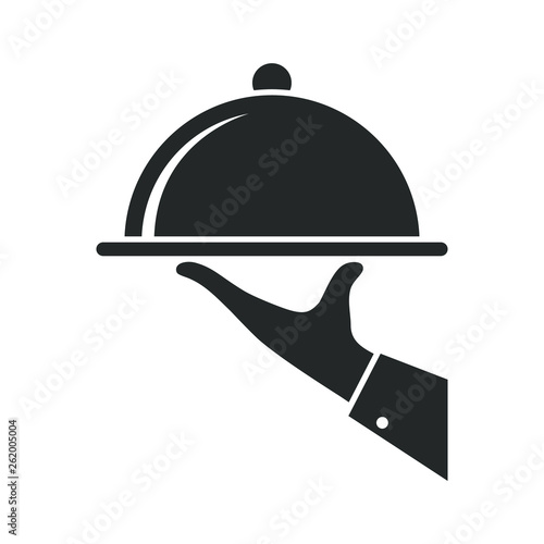 Serving food icon. Sign hand of waiter with serving tray. Waiter serving. Isolated symbol on white background. Vector illustration