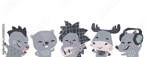 Moose, hedgehog, wolf, boar, beaver musik band cute banner. Animals dance, plays guitar, lisen headphones.