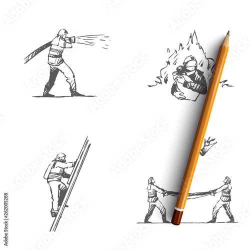 Firefighter - man firefighter extinguishing fire, climbing up ladder, saving people and catching from above vector concept set