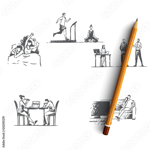 Lifestyle - sleep, sport, business, cinema, pizza vector concept set