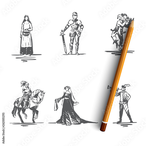 Medieval characters - knight, troubadour, buffon, peasant woman and countess vector concept set