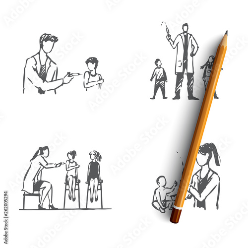 Kids vaccination - doctors making veccination injections to children vector concept set