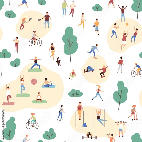Seamless pattern with crowd of people performing healthy activities and playing sports games in park. Backdrop with outdoor fitness or aerobics workout. Flat cartoon vector illustration for wallpaper.