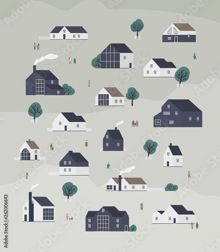 Banner template with town district with country cottages of modern Scandic architecture and walking people. Background with suburban living buildings or real estate. Flat cartoon vector illustration.