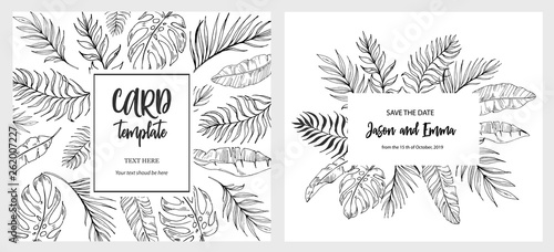 Template of greeting card or invitation with tropical leaves and flowers. Vector illustration