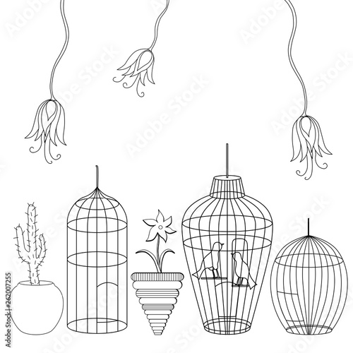 Different cages and flowers, vector black and white illustration