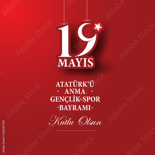 vector illustration 19 mayis Ataturk'u Anma, Genclik ve Spor Bayramiz , translation: 19 may Commemoration of Ataturk, Youth and Sports Day, graphic design to the Turkish holiday, children logo. photo