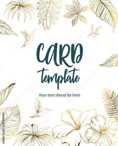 Template of greeting card or invitation with tropical leaves and flowers. Vector illustration