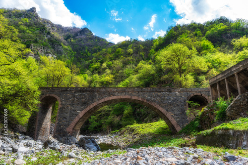 Stone bridge over small mountain lake, green forest in background