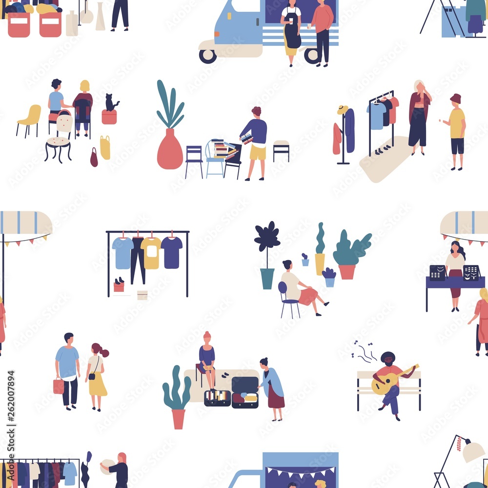 Seamless pattern with summer garage sale, street flea market or rag fair. Backdrop with people buying and selling goods outdoors. Flat cartoon vector illustration for wallpaper, textile print.