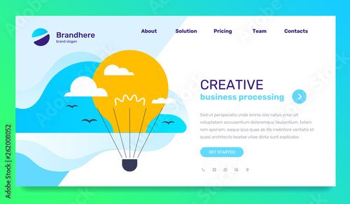 Creative idea concept with text on blue background. Vector business template with illustration of flying yellow air balloon in the form of light bulb.