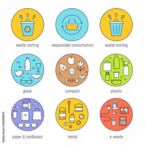 Waste Sorting and Responsible Consumption Vector Graphics Set. Flat Outline Design