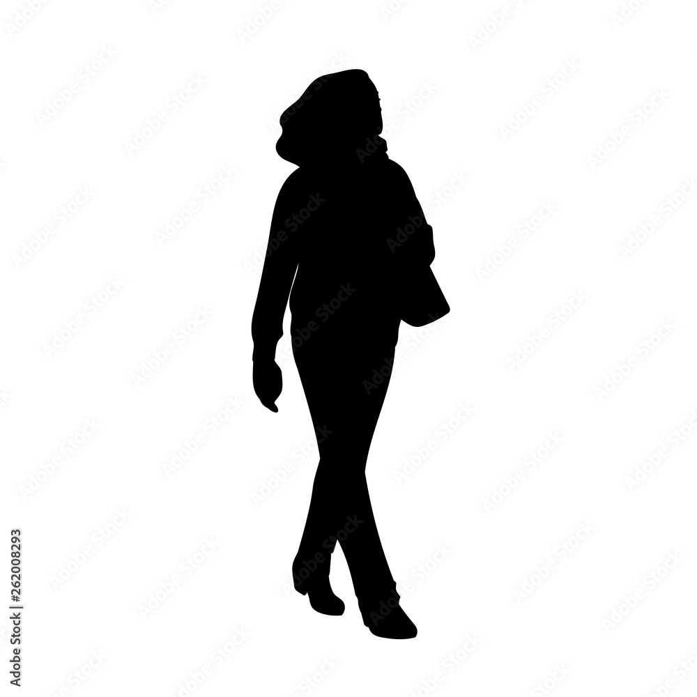 Woman taking a walk. Concept. Vector illustration of silhouette of woman in trousers walking somewhere alone. Stencil. Black silhouette isolated on white background. Monochrome minimalism