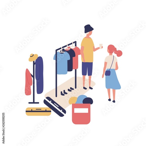 Cute funny people selling and buying stylish clothes at outdoor flea market, summer garage sale. Buyer, seller and apparel hanging on rack at street rag fair. Flat cartoon vector illustration.