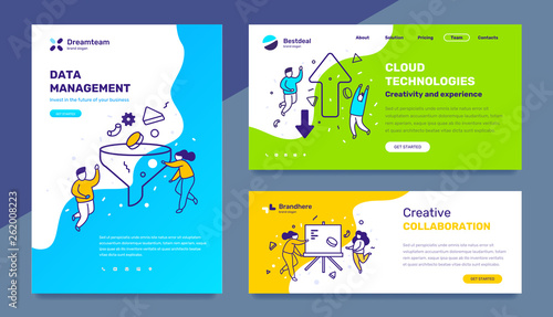 Vector set of template with business illustration with people on color background. Concept of management, cloud technology, collaboration with text.