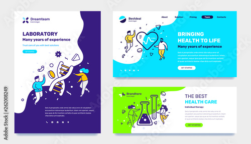 Vector set of template with medicine illustration with people on color background. Concept of laboratory, healthy life, health care with text.
