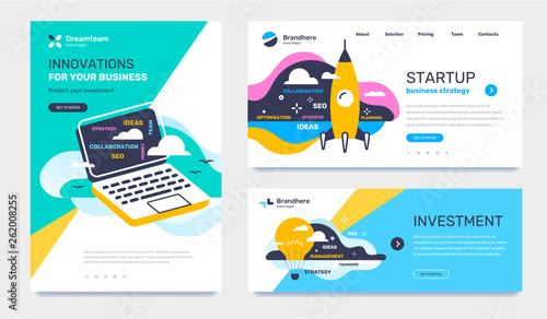 Vector set of template with business illustration on color background. Concept of investment, startup, innovation with text, cloud