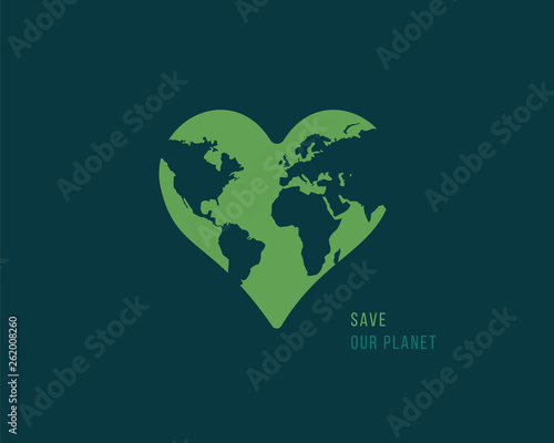 Vector illustration continuous drawing of the heart shaped world.