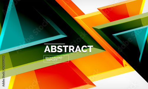 Triangles repetiton geometric abstract background, multicolored glossy triangular shapes, hi-tech poster cover design or web presentation template with copy space