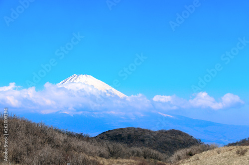 Sacred Mount Fuji (Fujiyama) in clouds, Japan