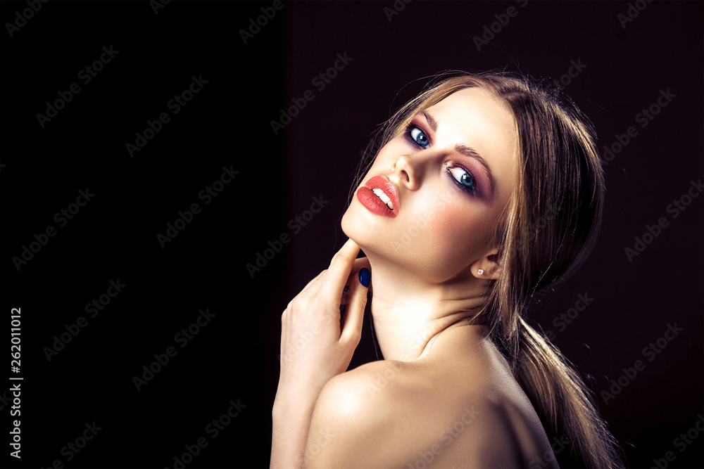 Beauty portrait of attractive young woman with clean skin pretty face. Closeup studio photo shoot Beauty portrait of attractive young woman with clean skin pretty face. Closeup studio photo shoot