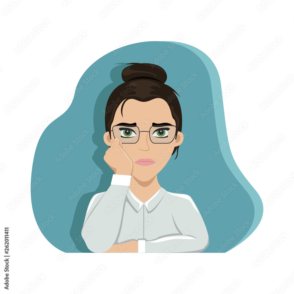 Tired girl at work at the office table. Office worker. Boredom. Flat vector illustration. Tired girl at work at the office table. Office worker. Boredom. Flat vector illustration.