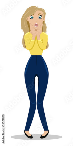 Scared girl with trembling knees. Horror. Fear. Flat vector illustration.