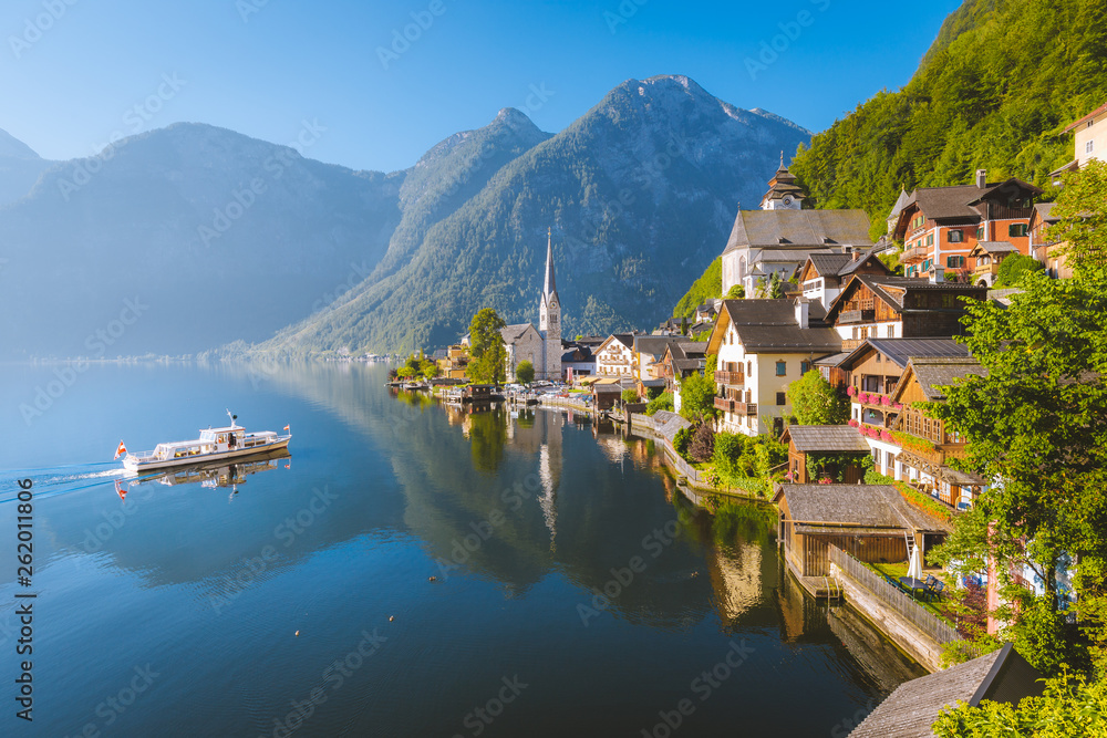 Classic view of Hallstatt with ship in summer, Austria