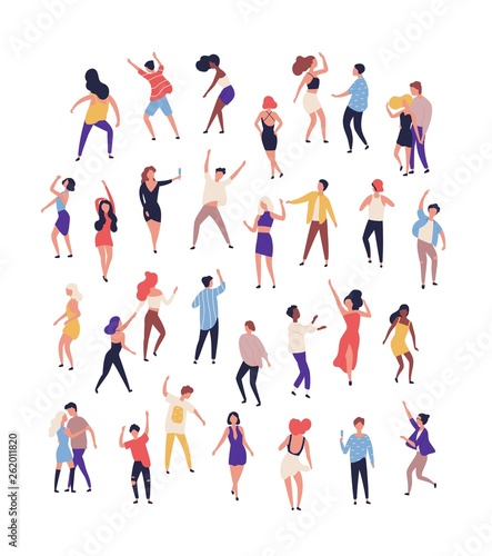 Collection of tiny people dancing on dance floor at night club isolated on white background. Joyful men and women having fun at rave, disco party or music festival. Flat cartoon vector illustration.