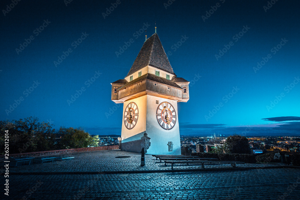 Grazer Uhrturm at night, Styria, Austria