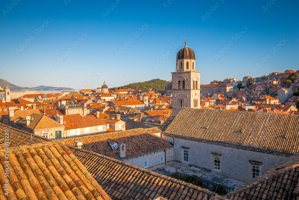 Dubrovnik terra cotta rooftops at sunset, Dalmatia, Croatia