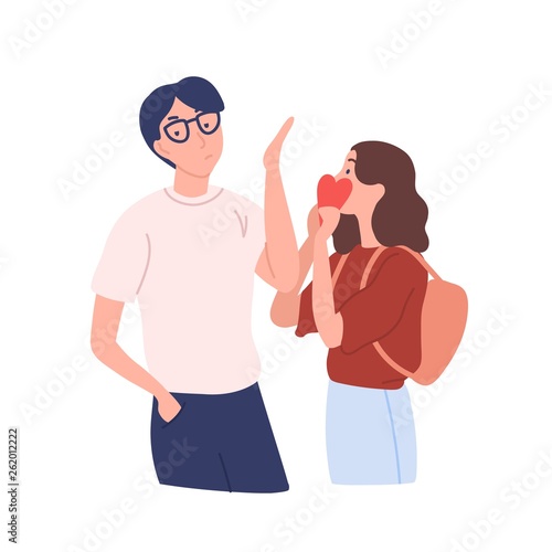 Intrusive girl trying to present her heart to boy rejecting her gift. Unwanted, one-sided or unrequited love. Male and female cartoon characters isolated on white background. Flat vector illustration.
