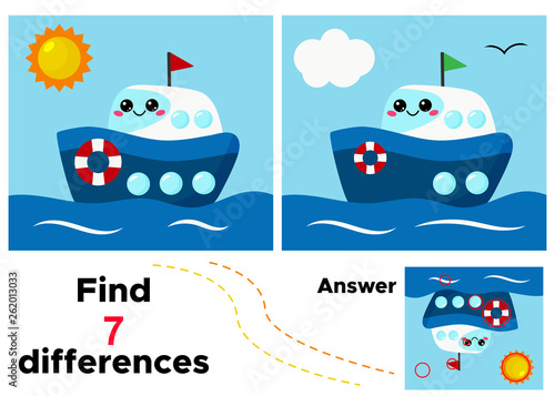 Vector kawaii cute ship. Find 7 differences. Educational game for kids. Activity worksheet with answer.