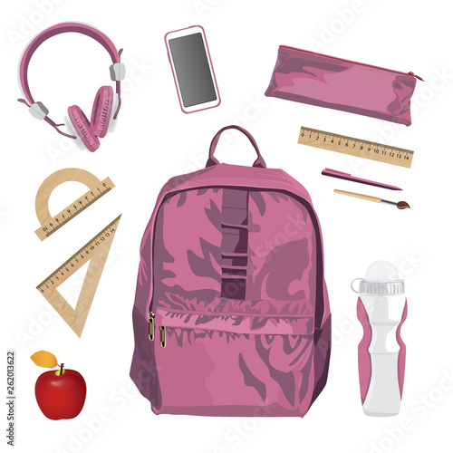Colorful schoolbag with school supplies. Backpack with zippers isolated on white background. Set. Vector illustration.