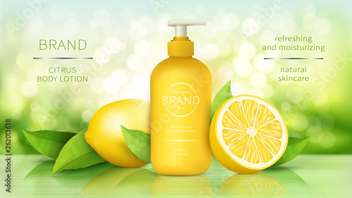 Body lotion with lemon, skin care cosmetics vector realistic ads poster Dispenser bottle with organic moisturizer and ripe citrus fruits, yellow lemon and green leaves on natural background with light