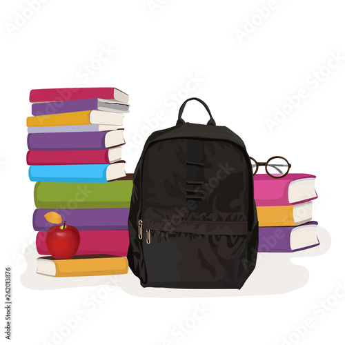 Colorful schoolbag with school supplies. Backpack with zippers isolated on white background. Vector illustration.