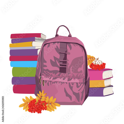 Colorful schoolbag with school supplies. Backpack with zippers isolated on white background. Vector illustration.