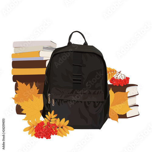 Colorful schoolbag with school supplies. Backpack with zippers isolated on white background. Vector illustration.