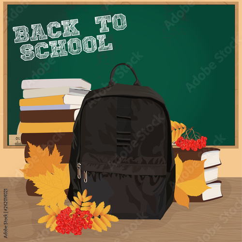 Back to school vector banner with school accessories, education elements and text  in green background. Vector illustration.