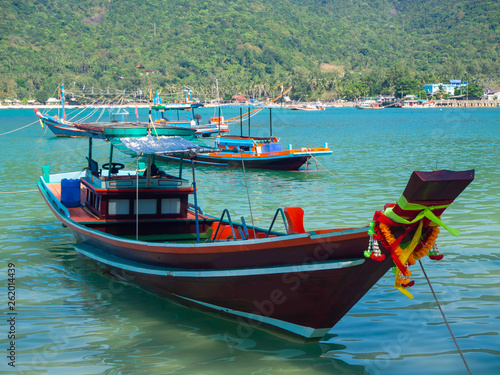 Motor boat on the surface of the sea near the island. Koh Phangan. Thailand © alexkazachok