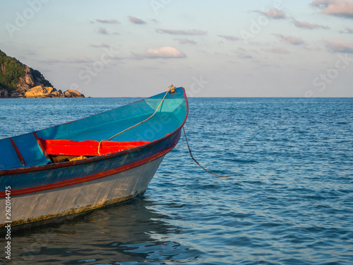 Motor boat on the surface of the sea near the island. Koh Phangan. Thailand