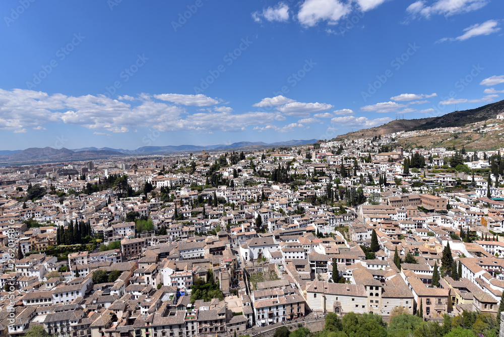 Panorama view of Granada old city from tower of Alhambra Palace, Granada, Spain