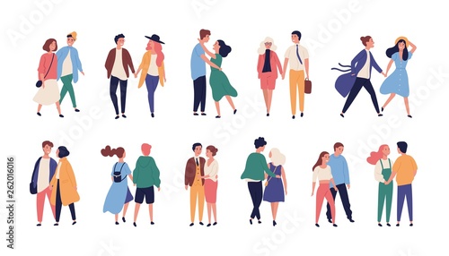 Collection of couples on romantic date. Set of teenage boys and girls holding hands, walking together isolated on white background. Bundle of men and women in love. Flat cartoon vector illustration.