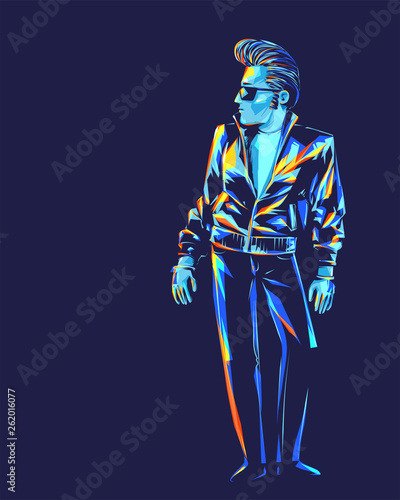 Rockabilly character looking sideways with a Pompadour classic hairstyle from the 50s.