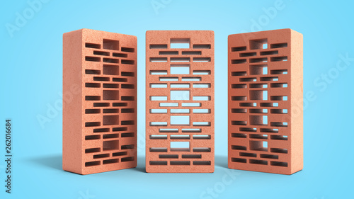 Solid clay bricks used for construction new red brick 3d render on blue gradient background