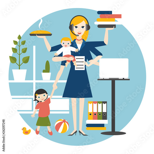 Multitask woman. Mother, businesswoman with baby, older child, working, coocking and calling.